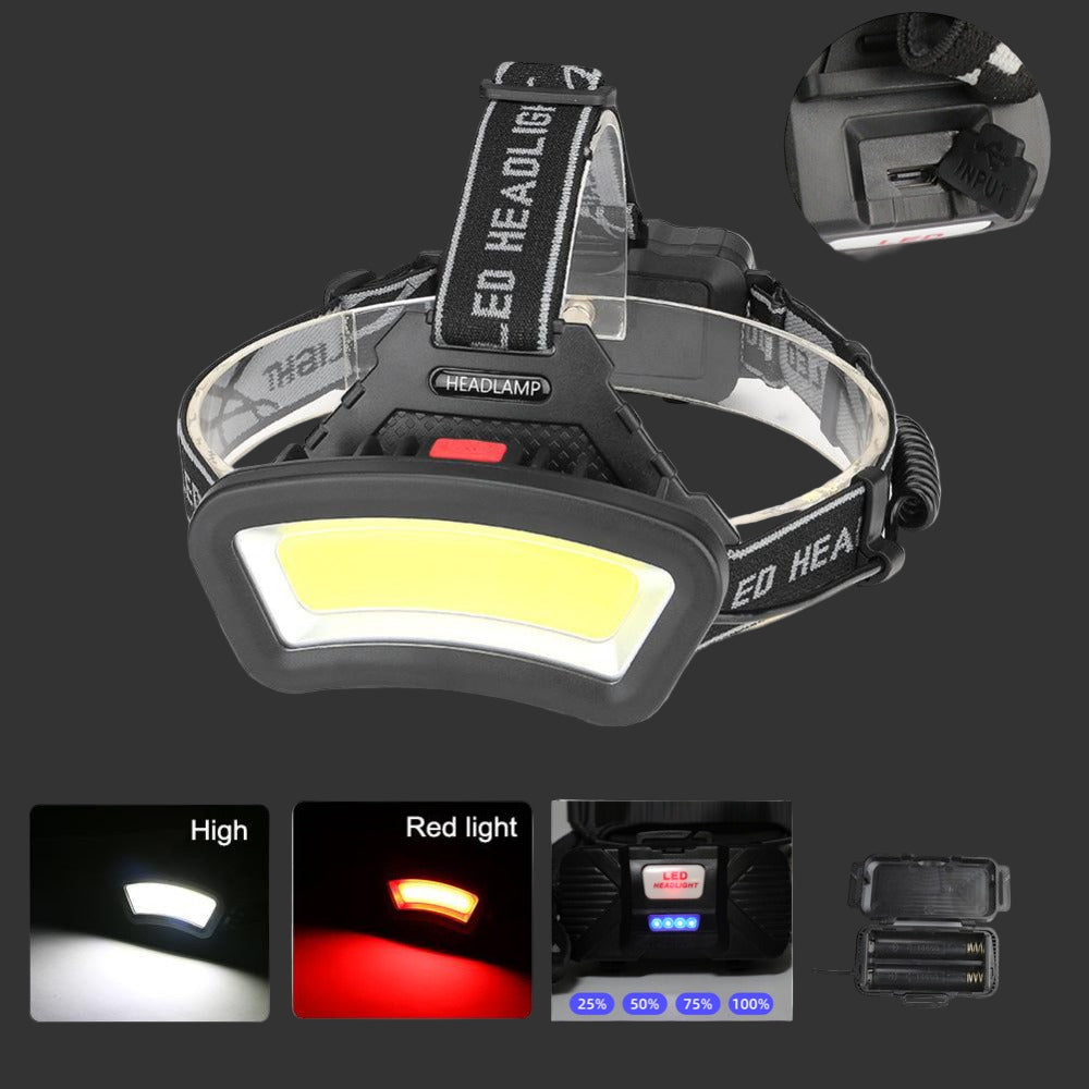 Lampe Frontale LED COB Rechargeable – 4 Modes – Résistante à l’eau